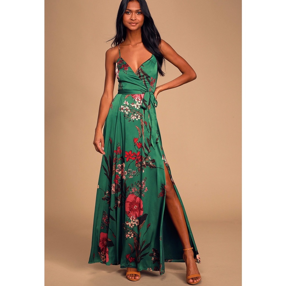 Lulus Silk Green Floral Formal Dress